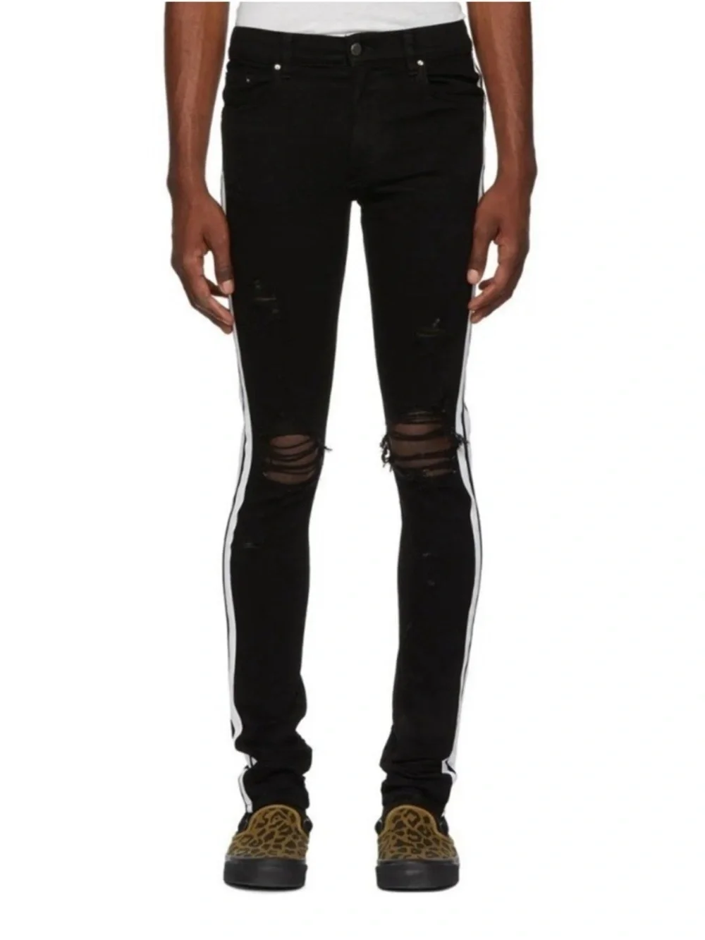 AMIRI Men's Jet Black Denim Distressed Jeans with White Side Stripes Size 31